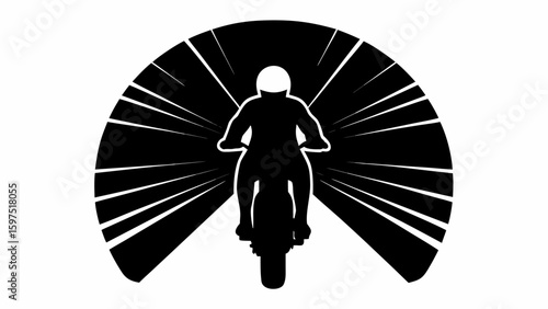Silhouette of a motorcyclist with helmet riding motorcycle with speed lines in a semicircular shape design