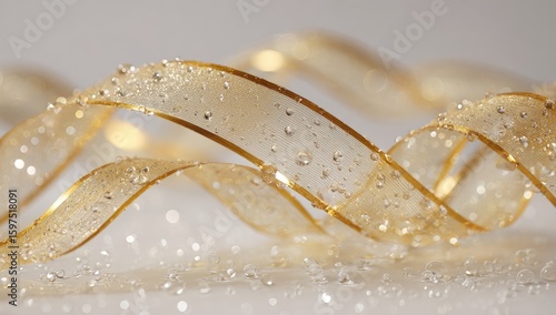 Gold ribbon with water droplets, gently curving, on a light background