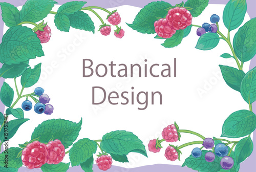 植物のデザインフレーム。ベリー系。水彩風、ベクターイラスト素材。