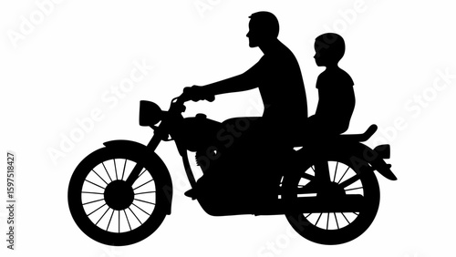 Silhouette of a man and child riding a motorcycle with detailed wheels and a classic headlight design at day