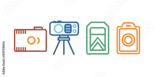 Collection of four stylized icons representing photography and surveillance equipment