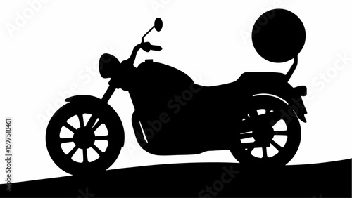 Silhouette of a motorcycle with a round backrest parked on a flat surface against white background