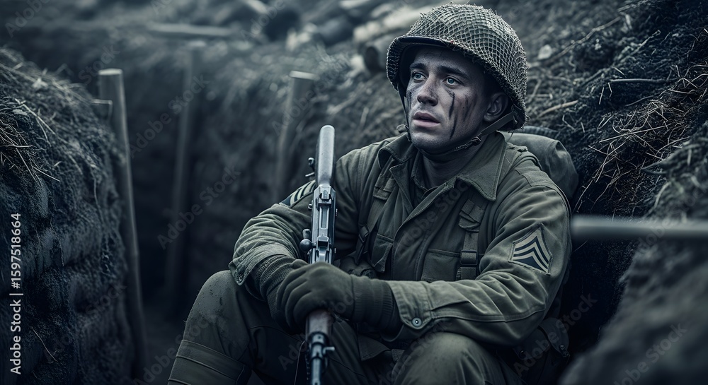 Fototapeta premium Soldier in Trench Wearing Helmet and Uniform Resting in War Zone