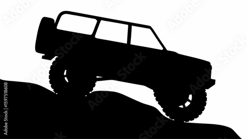 Silhouette of an off road vehicle climbing a hill with large tires and a roof rack in black and white
