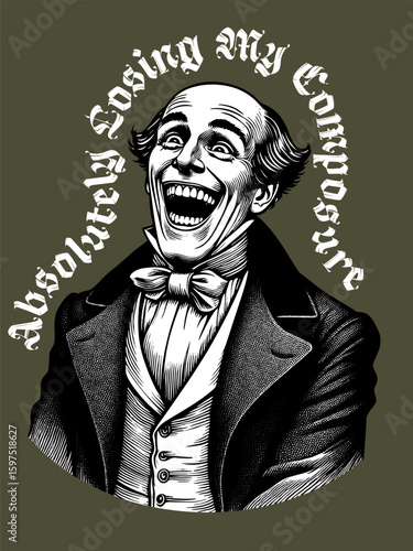 Victorian man laughing uncontrollably, captioned Absolutely Losing My Composure, t-shirt apparel hoodie design design. Vector generative ai illustration