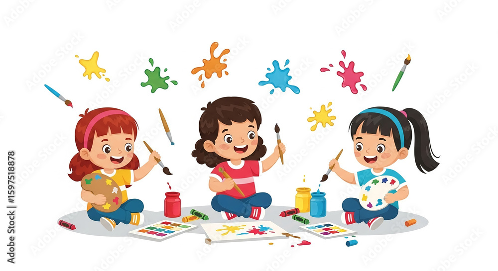 Fototapeta premium Three happy children painting together, surrounded by colorful paint splatters and art supplies.