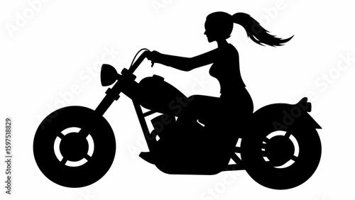 Silhouette of a woman riding a motorcycle with ponytail blowing in the wind on a white background