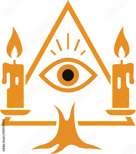 Vector logo of triangle with all-seeing eye in center, lit candles on both sides, and tree trunk at base in minimal line art style, representing mysticism, enlightenment, spiritual symbolism, ritual e