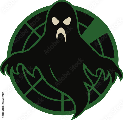 Vector logo of angry black ghost figure with white eyes and mouth placed over circular green radar screen with segmented display, symbolizing paranormal detection, scary surveillance branding, hauntin
