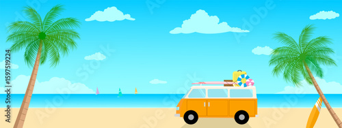 Happy summer sand beach banner vector illustration, orange van bus with surfboard, luggage, swim ring, and ball on the beach on topical beach. Camper van on beach with coconut trees. Outdoor activity.