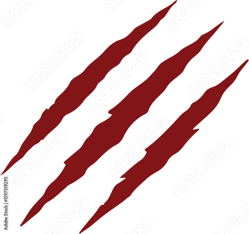 Vector logo of three jagged red claw marks slashed diagonally with sharp edges in minimal style, symbolizing monster identity, wild aggression, creature branding, danger symbol, and print-ready graphi