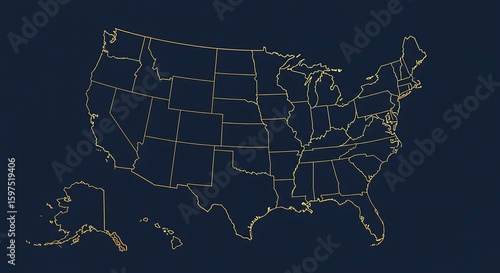 Outlined map of the United States, showing each state's boundaries, on a dark blue background.