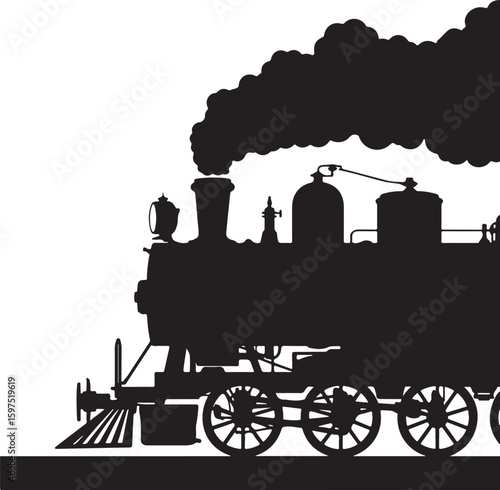 Vintage steam train engine silhouette with smoke, classic locomotive design, vector origin