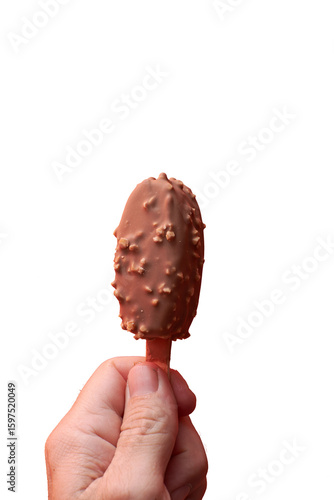 Chocolate ice cream bar with nuts coating on a stick isolated on transparent background.