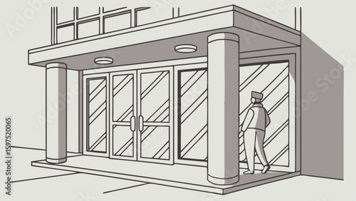 Vector Modern entrance with large glass doors and columns, showcasing person approaching building