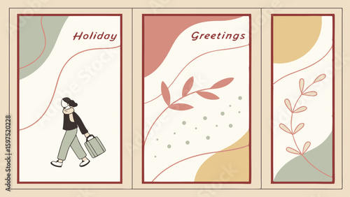 Vector Tripartite image features abstract pastel colors with person walking, conveying holiday