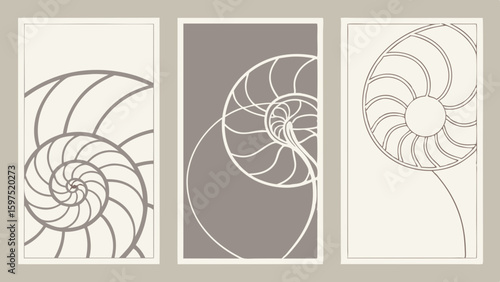 Vector Minimalist triptych featuring abstract spiral designs neutral tones, evoking calmness