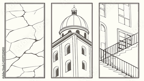 Vector Cracked wall, architectural dome, staircase design