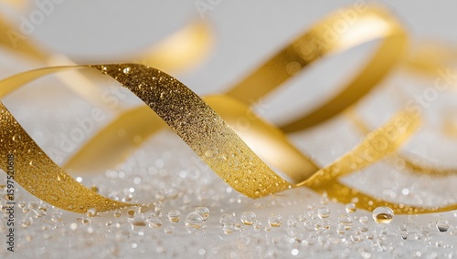 Golden ribbon swirls with water droplets