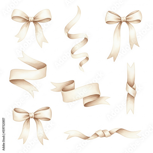 A watercolor set of beige and cream ribbons in various soft shapes: tied bows, falling curls, wrapping ribbons, and gentle knots.