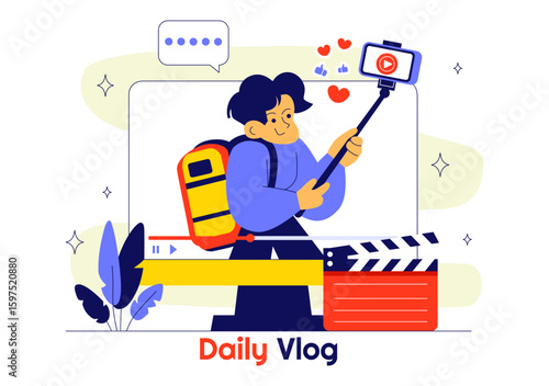 Daily Vlog Vector Illustration Featuring an Influencer Browsing Social Networks with Live Streaming of Various Activities in a Lifestyle Background