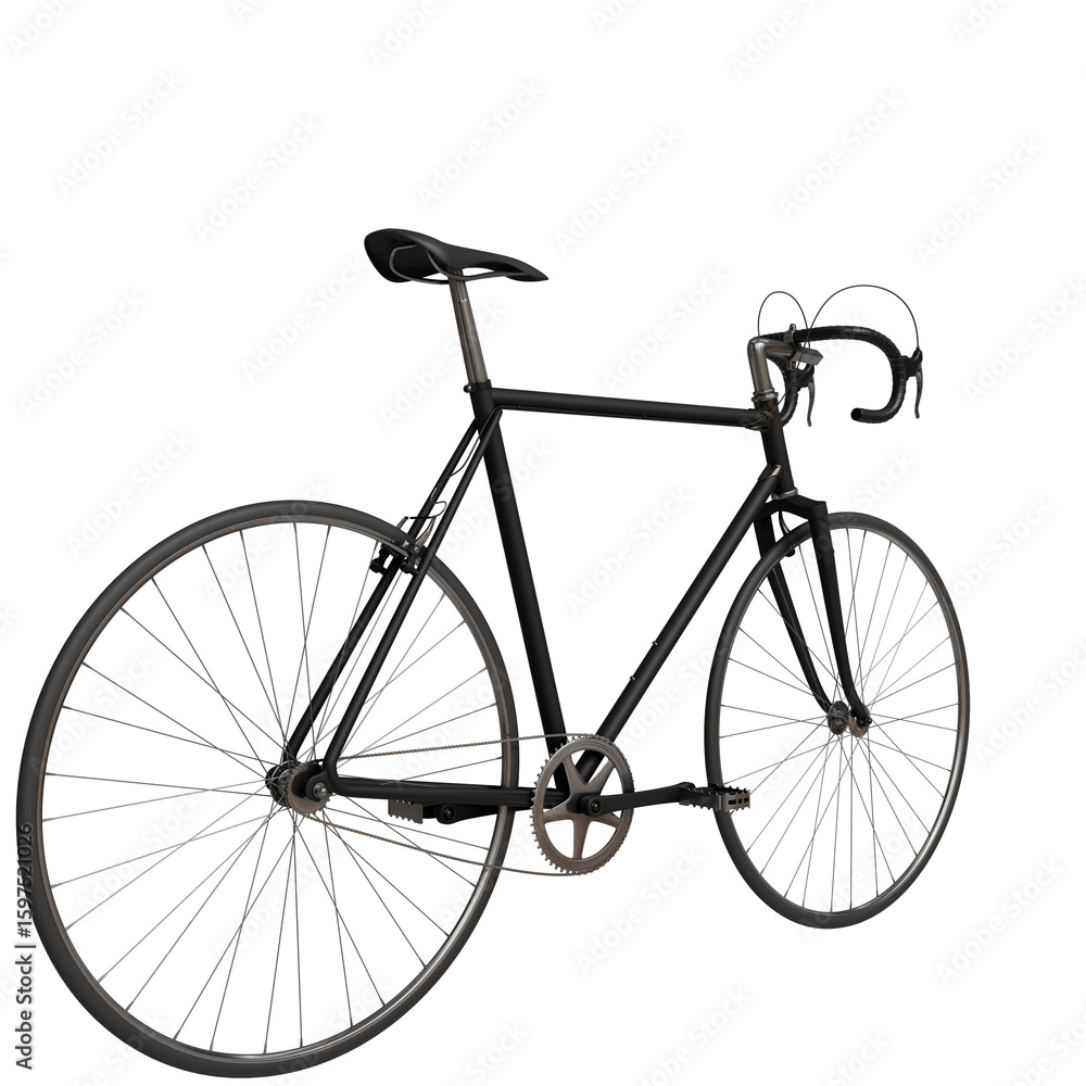 Obraz premium matte-black fixed-gear bicycle with drop handlebars, thin tires, and numerous spokes on each wheel, shown in a three-quarter perspective. The bike has a minimalist design