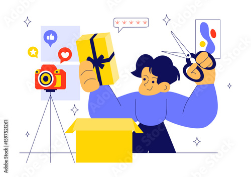 Daily Vlog Vector Illustration Featuring an Influencer Browsing Social Networks with Live Streaming of Various Activities in a Lifestyle Background