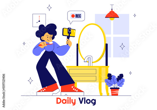 Daily Vlog Vector Illustration Featuring an Influencer Browsing Social Networks with Live Streaming of Various Activities in a Lifestyle Background