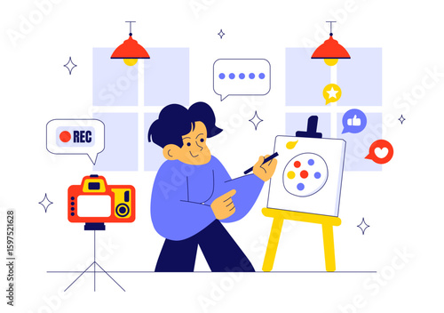 Daily Vlog Vector Illustration Featuring an Influencer Browsing Social Networks with Live Streaming of Various Activities in a Lifestyle Background