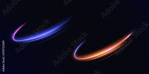 Bright light semicircle with flickering glow and bright glare. Blue and bright orange light swirl isolated on dark background for design and illustrations.