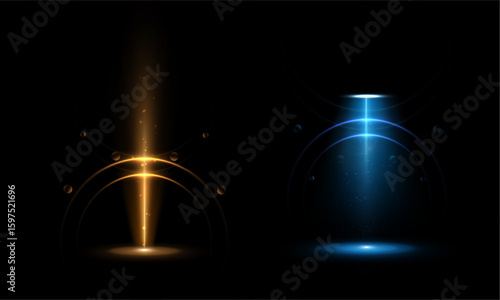 Futuristic golden and blue light beams with energy rings and particles on dark background. Sci-fi teleportation or digital gateway concept in high contrast glowing style.