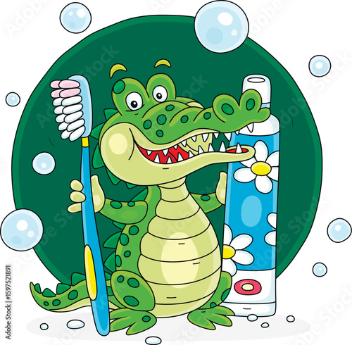 Funny green crocodile with a toothbrush and toothpaste for baby teeth cleaning, vector cartoon illustration on white