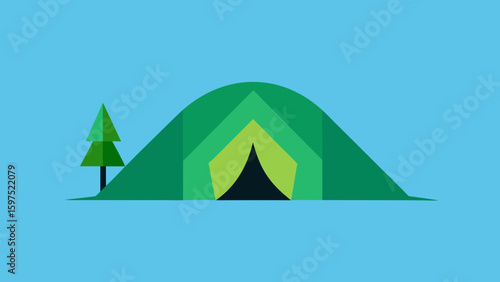 Minimalist camping tent and tree illustration on a light blue background for design projects