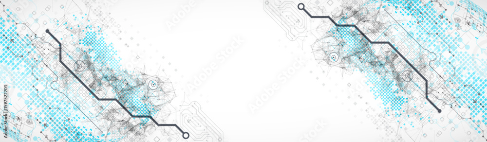 Obraz premium Abstract technology concept. Used blue squares, tech lines and plexus effect. Vector illustration.