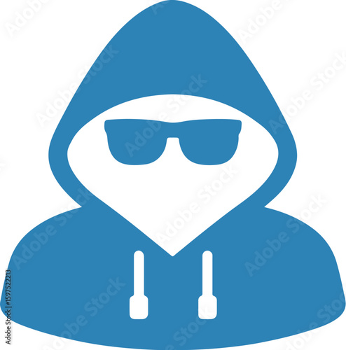 Vector logo of hooded anonymous figure wearing sunglasses in bold blue silhouette style, symbolizing cybersecurity awareness, digital protection identity, hacking theme branding, internet privacy symb
