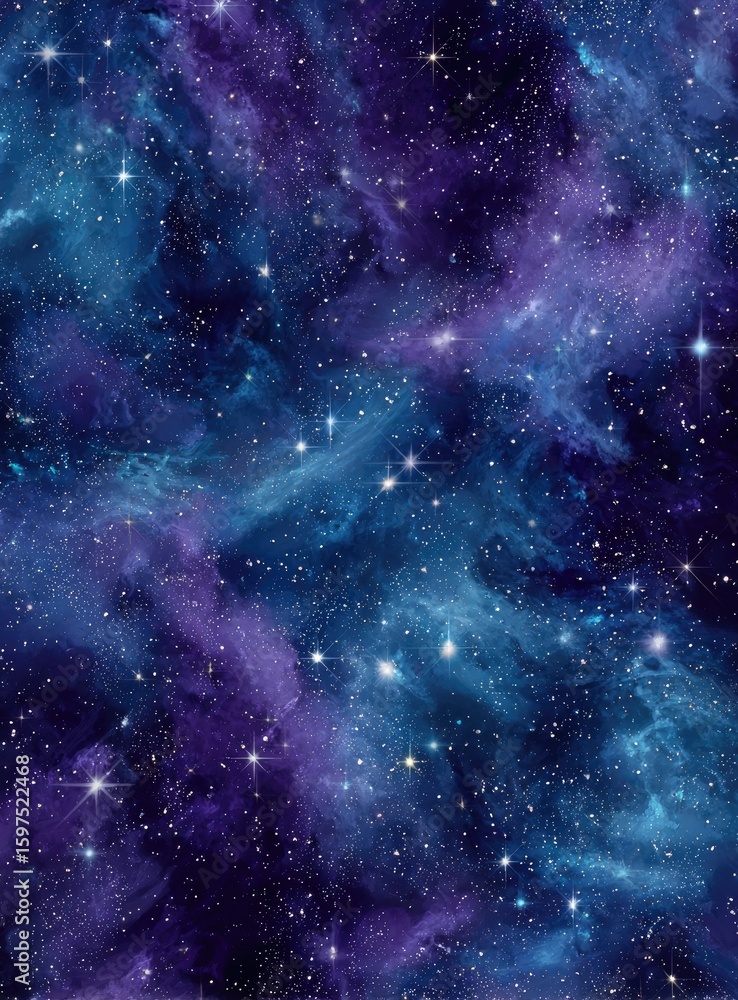 Naklejka premium Deep space nebula, vibrant blues and purples, scattered stars