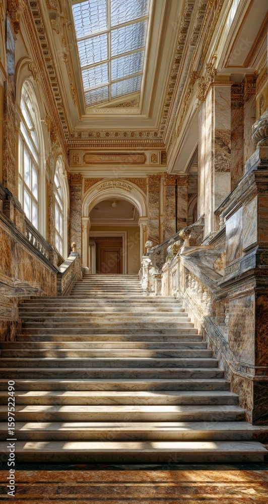 Obraz premium Grand marble staircase with ornate details, sunlight streaming through skylight