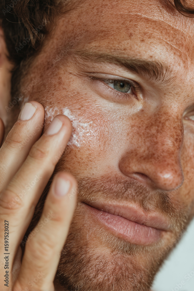 Fototapeta premium Young man with freckles applying cream on face, daily man skincare routine