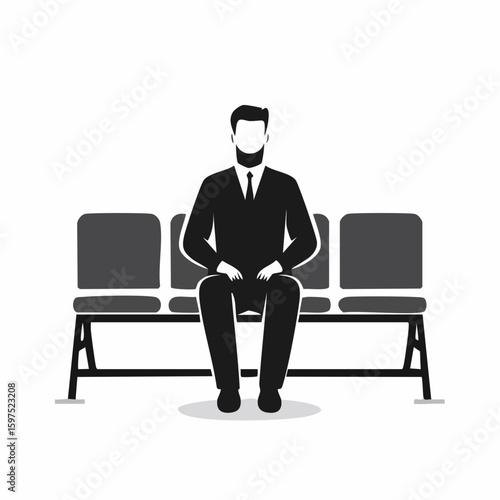 Black and white silhouette vector of a person sitting on a bench or chair, minimal design for waiting area or lounge signage