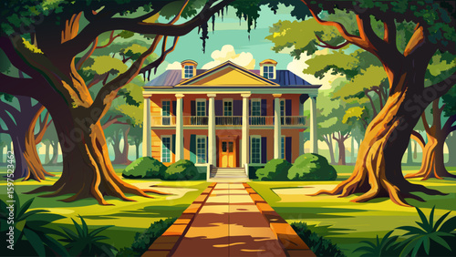 A preserved plantation house in Louisiana, USA, with grand columns, wrap-around porch, and moss-covered oaks lining the entry path. A haunting and historical Southern estate