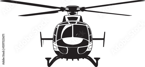 Front view of a stylized black helicopter with spinning blades, a vector graphic conversion