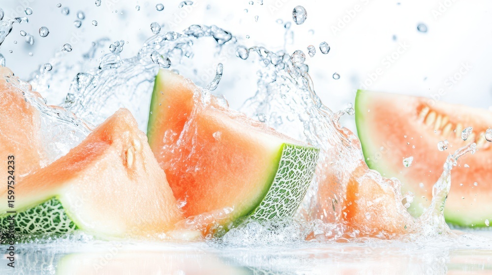 Fototapeta premium Refreshing Melon Splash: Water cascades around sliced cantaloupe melon, capturing the essence of summer refreshment and the natural beauty of the fruit.
