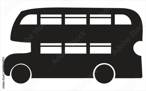 Black double decker bus silhouette with white windows and wheels transport vehicle