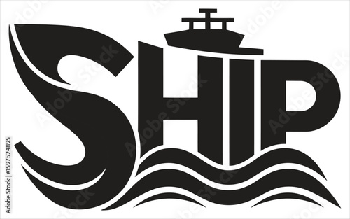Black ship sailing on stylized waves boat vessel