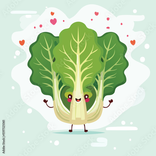 Swiss Chard in cute cartoon character style with expressive face and limbs.
