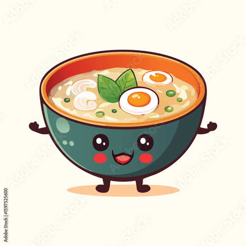 Miso Soup in cute cartoon character style with expressive face and limbs.