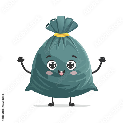 garbage bag in cute cartoon character style with expressive face and limbs.