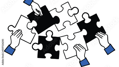 Hands assemble black and white jigsaw puzzle pieces on a white background in a collaborative effort