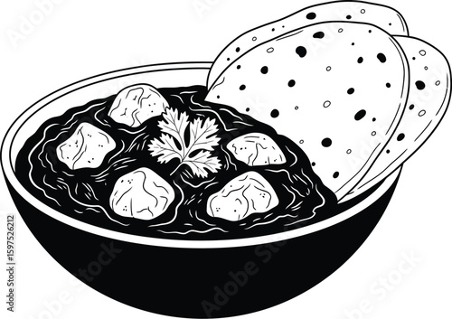 Black and white illustration of curry dish with roti flatbreads