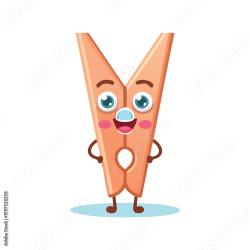 clothes peg in cute cartoon character style with expressive face and limbs.
